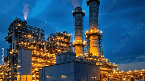 A massive gas turbine power station with glowing lights at dusk, showing the complexity of energy generation.