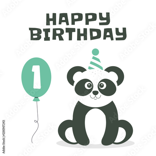 Greeting and invitation card for first Birthday party. Cute baby panda and balloon with number 1 in flat childrens style. Vector illustration, design for card, poster, event