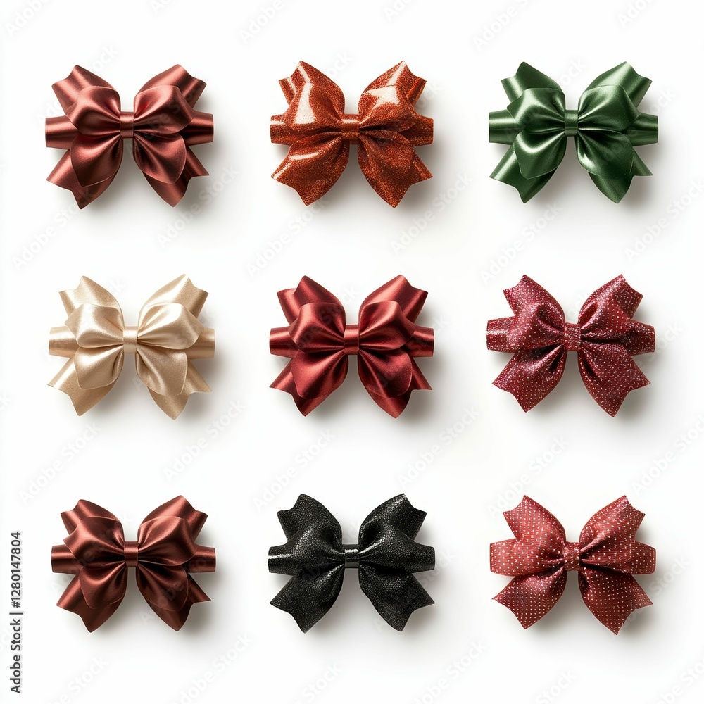 Collection of Nine Ribbon Bows in Various Colors and Textures on a Clean White Surface Display