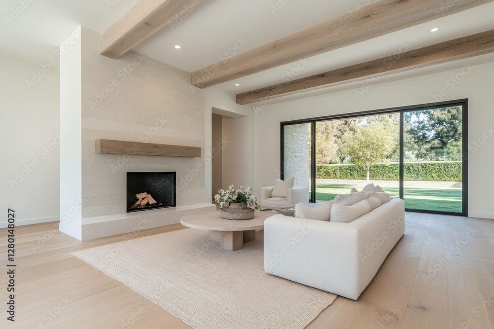 Fototapeta premium Modern minimalist living room with large windows, natural light, and stylish furniture, perfect for bright interior design inspiration and home decor ideas