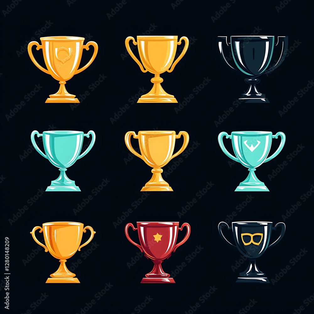 Colorful Trophy Icons on Dark Background Colorful Trophy Icons on Dark Background