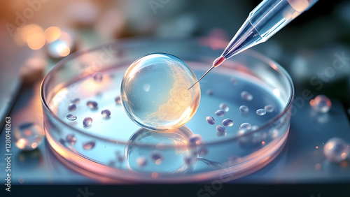 In vitro fertilization process with petri dish and pipette, embryo transfer scene. photo