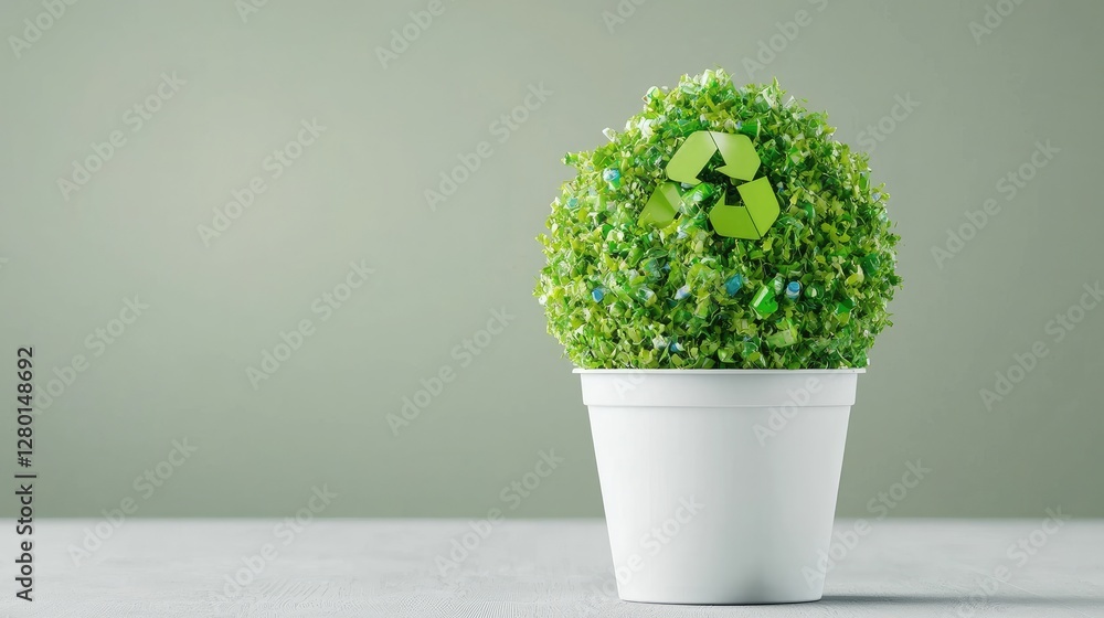 Recycling plant sphere pot, green background, eco concept Recycling plant sphere pot, green background, eco concept