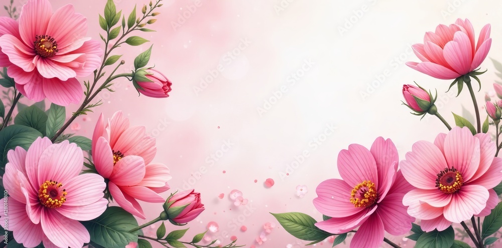 Naklejka premium Romantic hand-painted pink flower banners with intricate details, artwork, festive