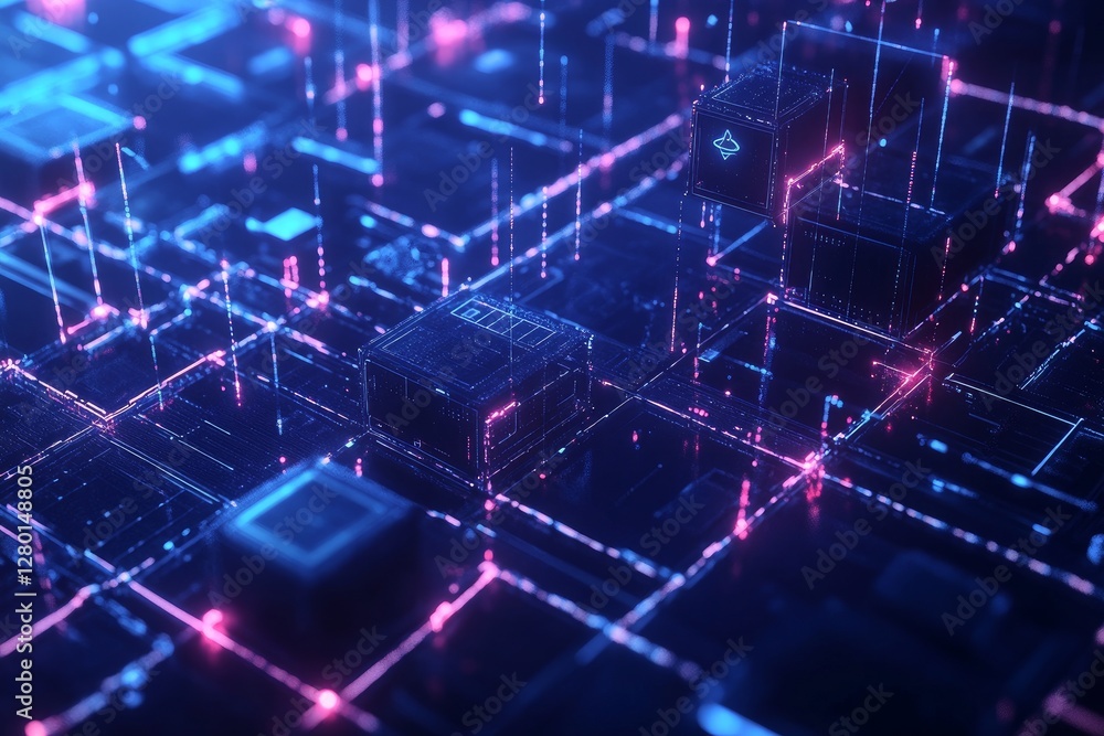 Obraz premium Blockchain network visualization with interconnected blocks and cryptographic chains, showcasing secure and transparent transactions