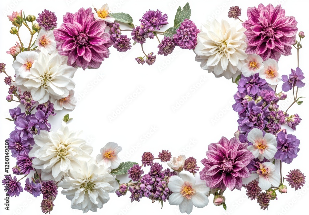 Elegant Floral Frame Featuring Various Blooming Flowers in Vibrant Colors on a White Background Ideal for Invitations, Cards, and Creative Projects Elegant Floral Frame Featuring Various Blooming Flowers in Vibrant Colors on a White Background Ideal for Invitations, Cards, and Creative Projects
