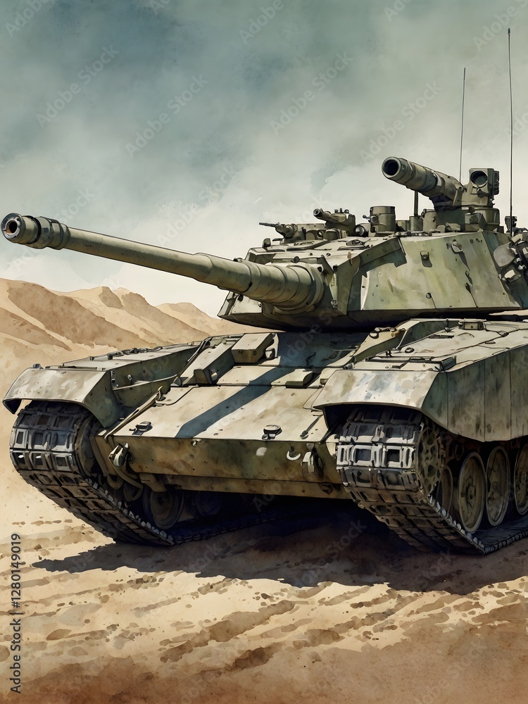 Steel Behemoth: A Modern Battle Tank in Watercolor Steel Behemoth: A Modern Battle Tank in Watercolor