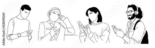 Different People holding, using mobile phones set. Line art Characters with smartphones in hands. Men, women texting, surfing internet, chatting. Vector outline drawing isolated