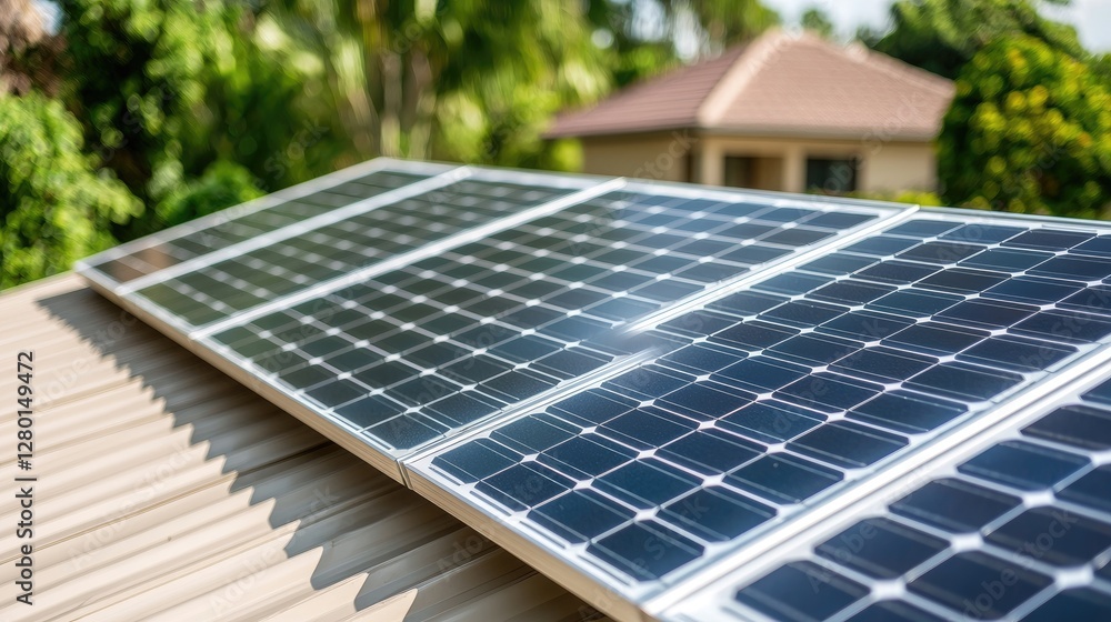 Fototapeta premium Solar panels on roof, tropical home background