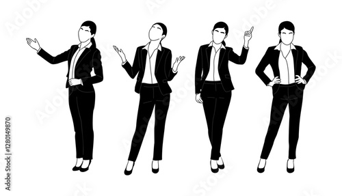 Set of Business woman character in different poses. Pretty young lady boss wearing formal suit standing, pointing to the side and up. Vector outline drawing isolated 