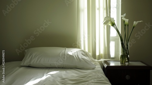 Serene hospital room with single bed, soft sunlight through window, and fresh flowers on bedside table, symbolizing care and recovery. Peaceful and healing environment concept