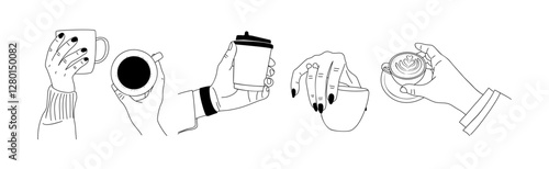 Set of different hands holding cups with coffee and tea, take away paper cups, porcelain cups, mugs. Collection of Hand drawn doodle line art vector illustrations isolated