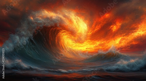 Fiery ocean wave, dramatic sunset, surreal landscape, digital art, for background, cover, or desktop use