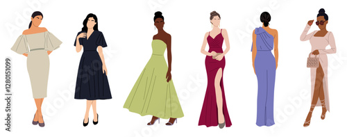 Diverse beautiful Women in fashion dress for evening or cocktail party, event. Pretty girl characters wearing stylish clothes, shoes. Flat vector realistic illustration