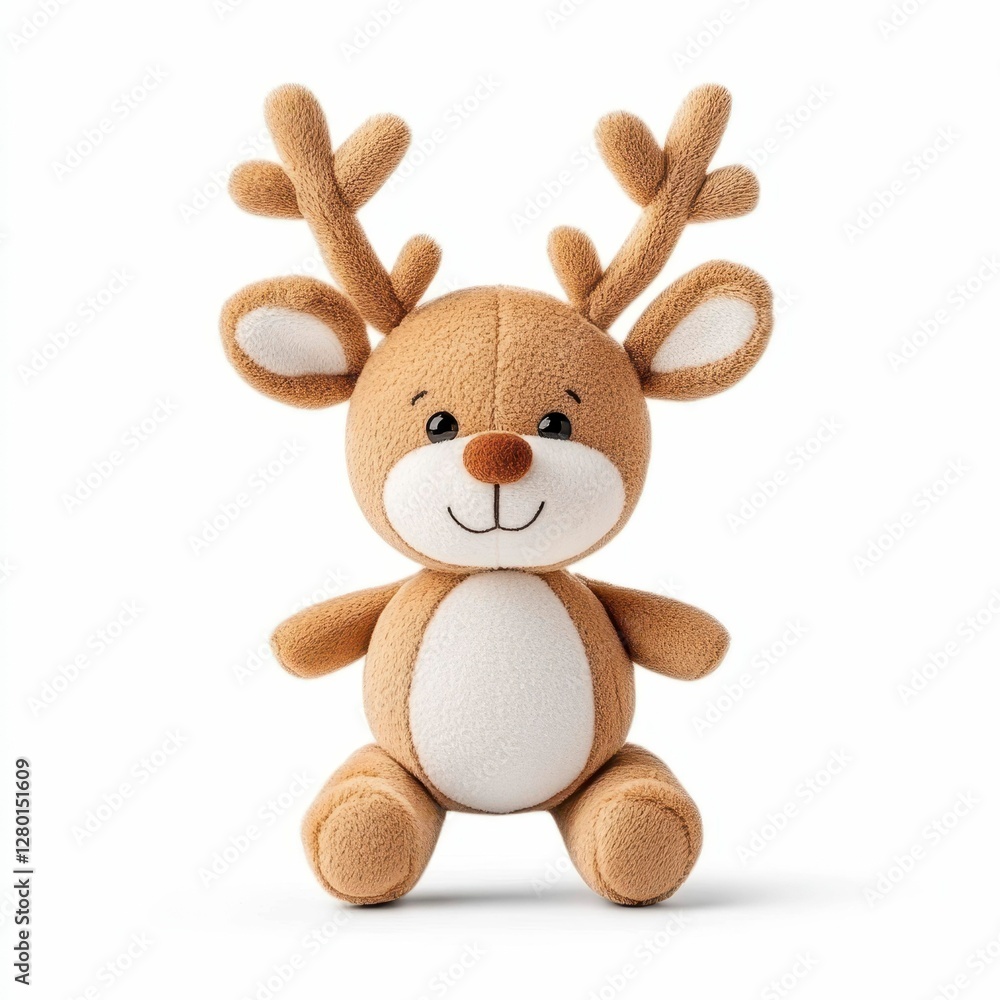 Adorable Reindeer Plush Toy with Antlers and Round Brown Nose on White Background for Holiday Season Adorable Reindeer Plush Toy with Antlers and Round Brown Nose on White Background for Holiday Season