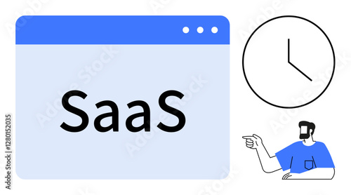 Browser window labeled SaaS, clock icon, person pointing towards window. Ideal for business, productivity, technology, cloud services, time management, user interface and digital transformation