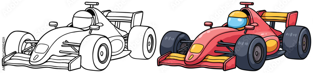 Naklejka premium Race car Formula 1 Isolated Line Art Vector Outline Illustration Black and White with Coloring Sample