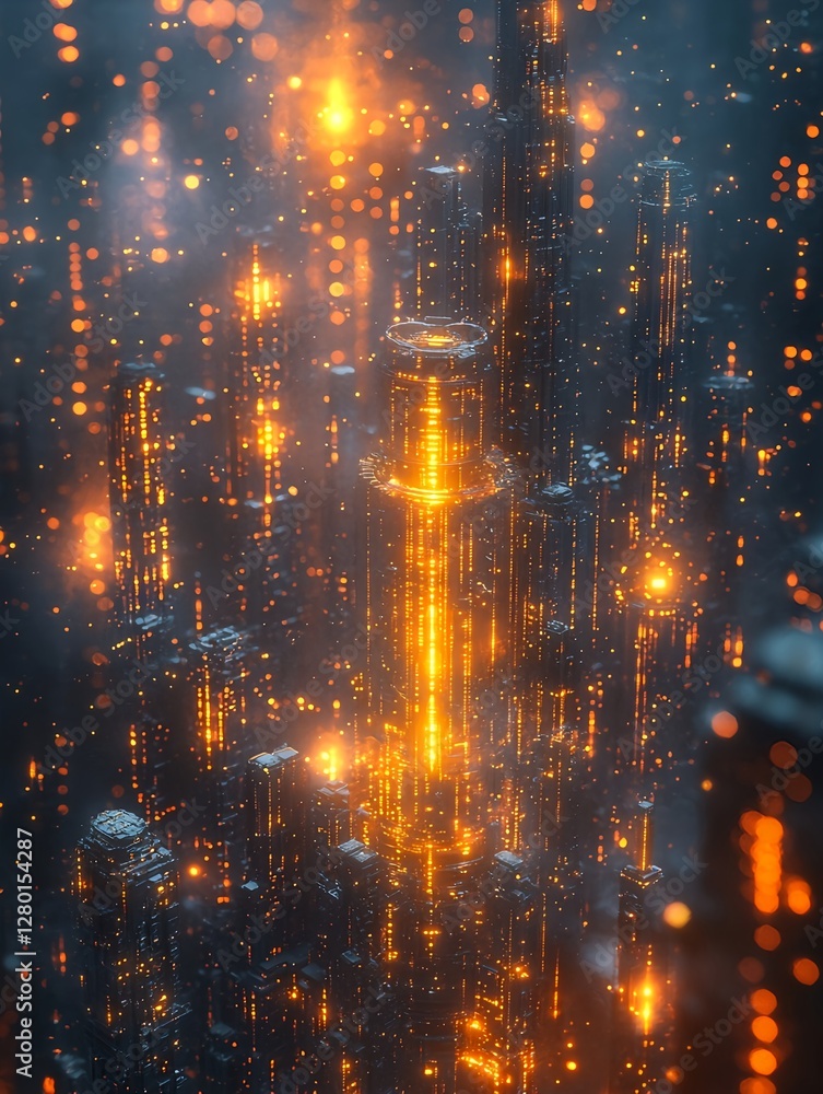 Obraz premium A digital cityscape of glowing cubes in a cyberpunk style with cinematic lighting