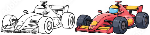 Race car Formula 1 Isolated Line Art Vector Outline Illustration Black and White with Coloring Sample