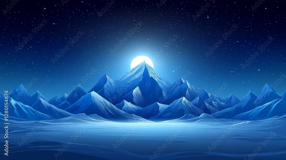 Serene nightscape with pixelated mountains and a celestial moon creating a dreamy and ethereal atmosphere in muted blue hues Serene nightscape with pixelated mountains and a celestial moon creating a dreamy and ethereal atmosphere in muted blue hues