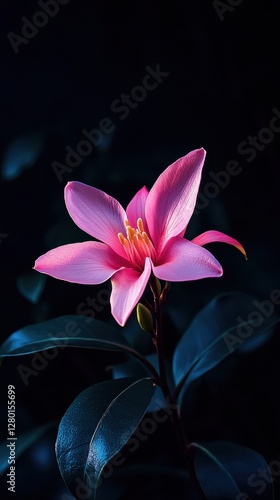 A vibrant pink flower stands out with its delicate petals and yellow stamens in a lush garden