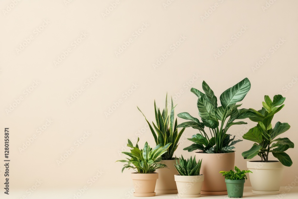 Fototapeta premium A minimalist arrangement of various potted houseplants on a soft beige background, with space for text or branding