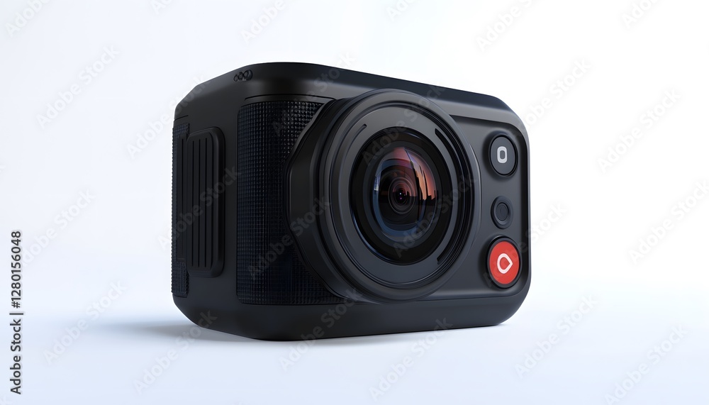Black action camera with a lens and two circular buttons Black action camera with a lens and two circular buttons