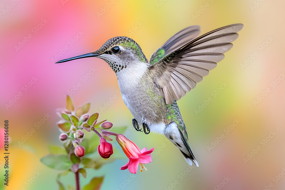 Fototapeta premium A tiny, iridescent hummingbird hovering mid-air with its wings a delicate blur of motion