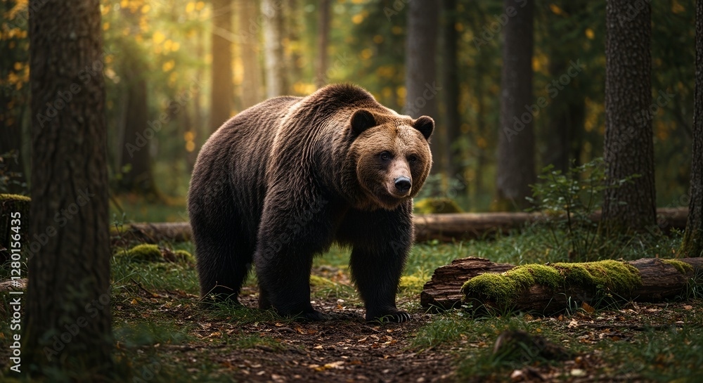 Brown Bear Standing in Forest Clearing on Sunny Autumn Day Brown Bear Standing in Forest Clearing on Sunny Autumn Day