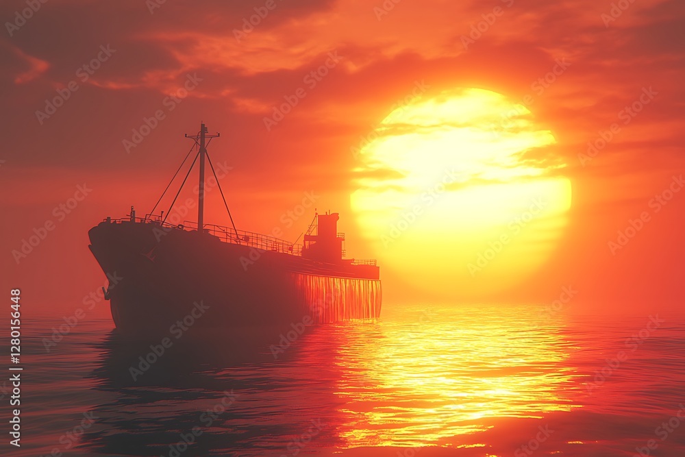 Fototapeta premium Silhouette tanker ship at fiery sunset