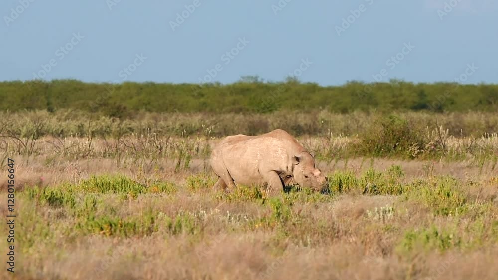 Mature male Rhinos with large horn in Uganda grassland Mature male Rhinos with large horn in Uganda grassland