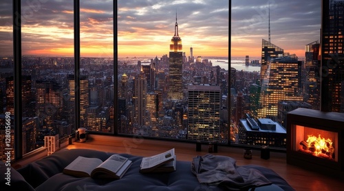 Luxurious penthouse bedroom with panoramic views of the city skyline at sunset and a cozy fireplace