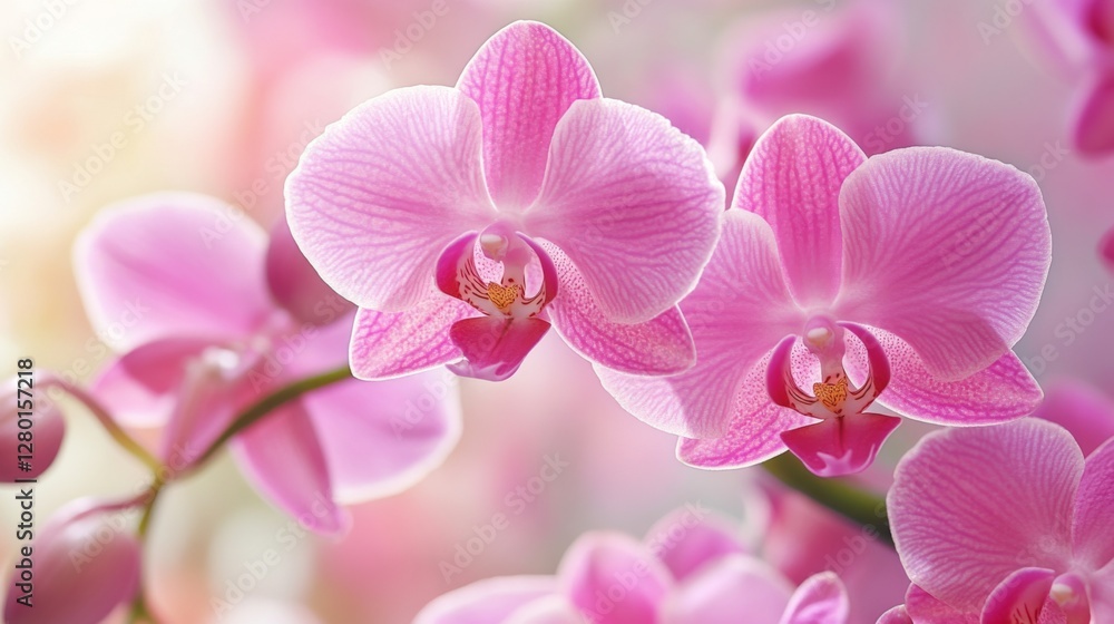 Obraz premium Vibrant pink orchids blossom amidst soft bokeh background
