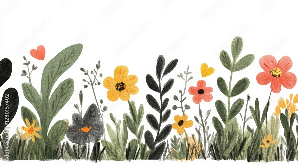 custom made wallpaper toronto digitalHand Drawn Colorful Botanical Flowers and Foliage Illustration for Decorative Spring Borders and Fresh Garden Design Elements Isolated on White