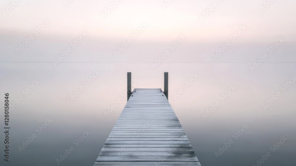 Serene wooden pier over tranquil misty lake at dawn Serene wooden pier over tranquil misty lake at dawn