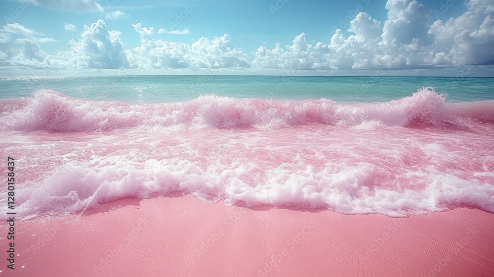 Fototapeta premium Pink Beach Waves, Tropical Paradise, Ocean View, Perfect Vacation