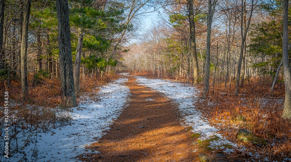 Winter Woodland Path Sun Dappled Trail Through Snow Covered Forest Winter Woodland Path Sun Dappled Trail Through Snow Covered Forest