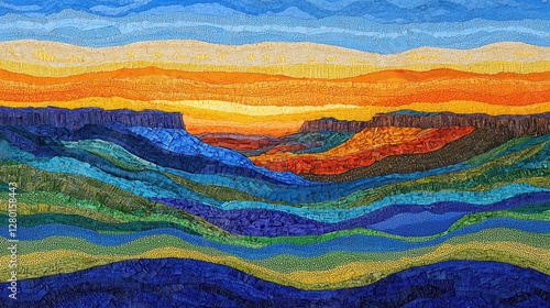 Vibrant Sunset Over Rolling Hills Mosaic Artwork