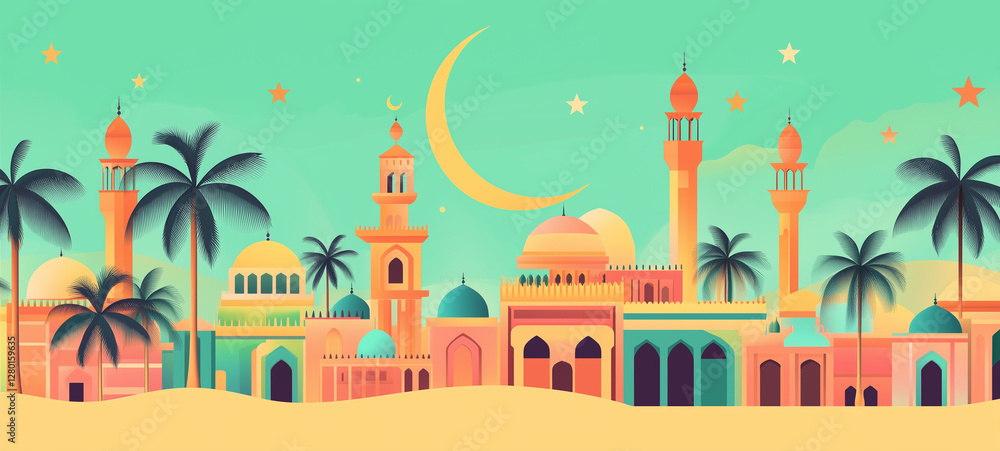 Naklejka premium Ramadan Kareem banner, poster, card, holiday cover. Modern art design in pastel colors with pattern of beautiful arabian old ancient city against the backdrop of a bright big crescent moon with stars.
