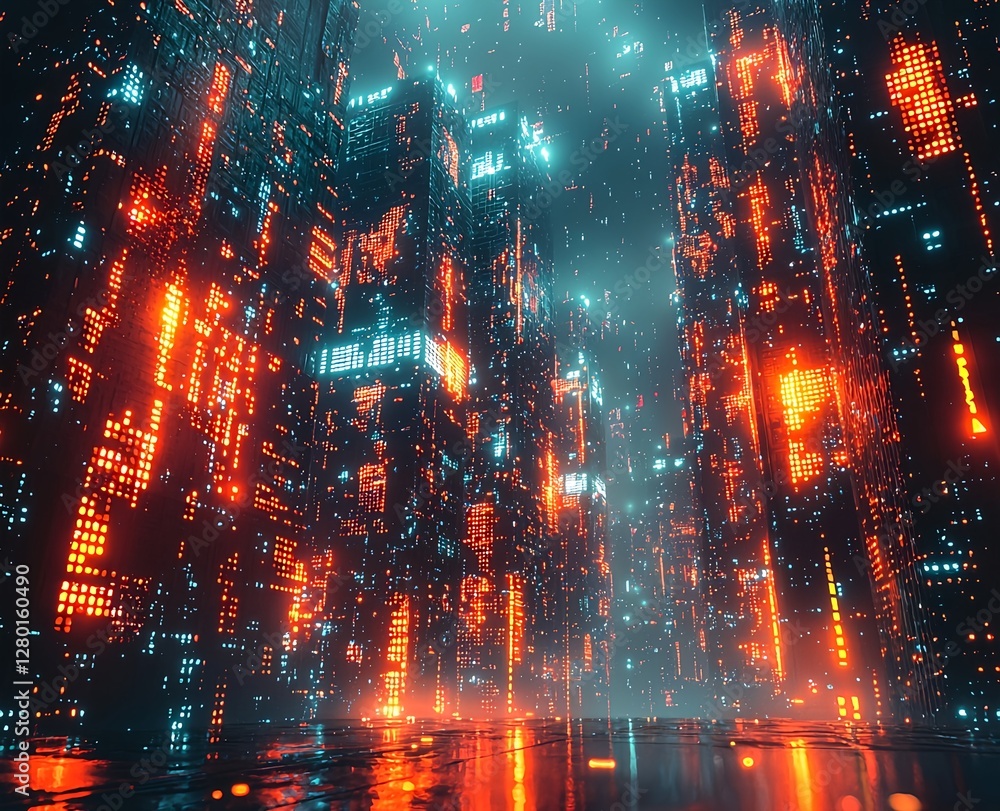 A digital cityscape of glowing cubes in a cyberpunk style with cinematic lighting A digital cityscape of glowing cubes in a cyberpunk style with cinematic lighting