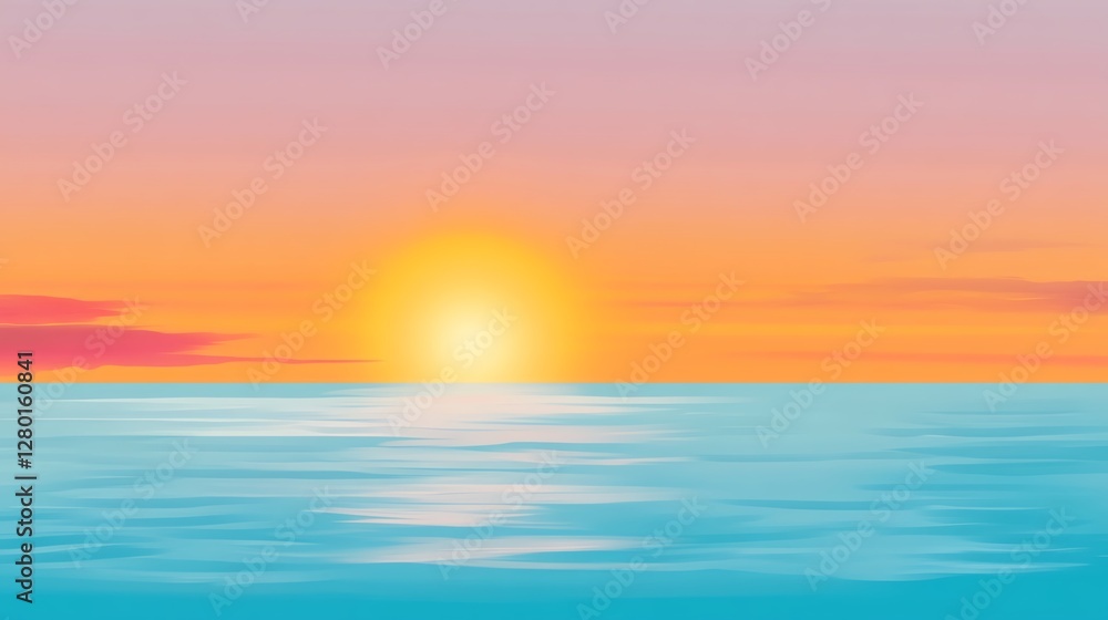 A serene sunset over calm waters, featuring vibrant orange, pink, and blue hues reflecting on the surface. A serene sunset over calm waters, featuring vibrant orange, pink, and blue hues reflecting on the surface.