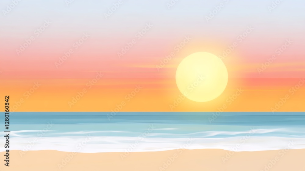A serene beach scene at sunset, featuring soft pastel colors in the sky and a glowing sun above the calm ocean waves. A serene beach scene at sunset, featuring soft pastel colors in the sky and a glowing sun above the calm ocean waves.