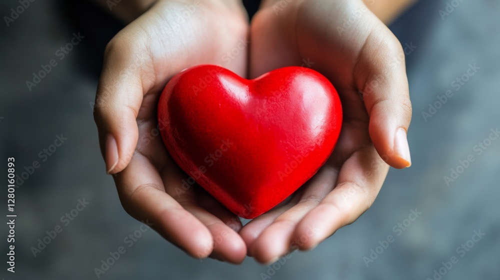 Hands holding red heart symbolizing love, care and compassion Hands holding red heart symbolizing love, care and compassion