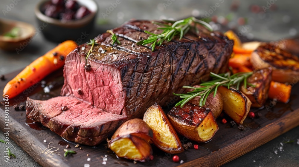 Φωτογραφία A beautifully cooked beef tenderloin sits on a wooden board, surrounded by roasted carrots and potatoes, garnished with rosemary and spices, showcasing a warm, inviting dinner atmosphere