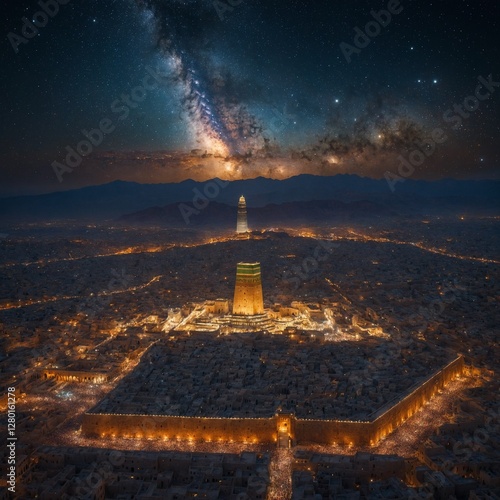 A celestial view of ancient Mecca, where the night sky is filled with a radiant galaxy, shining over the holy city.