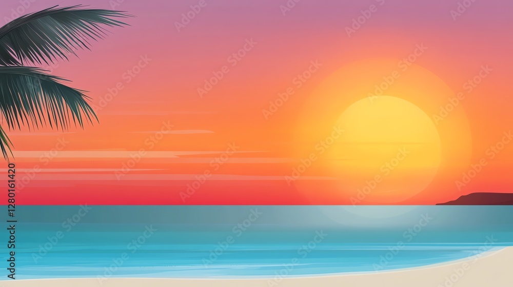 A serene beach scene at sunset, featuring a vibrant sky, calm ocean waters, and a palm tree silhouette. A serene beach scene at sunset, featuring a vibrant sky, calm ocean waters, and a palm tree silhouette.