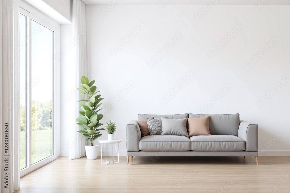 Fototapeta premium Modern living room window gray sofa side table coffee table
