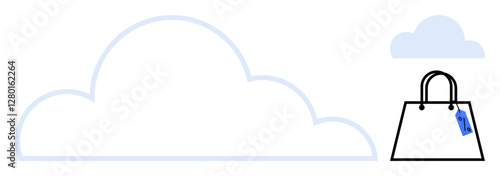 Large and small cloud icons next to a shopping bag with a price tag. Ideal for online shopping, digital marketing, cloud services, e-commerce, data storage, technology integration, virtual retail