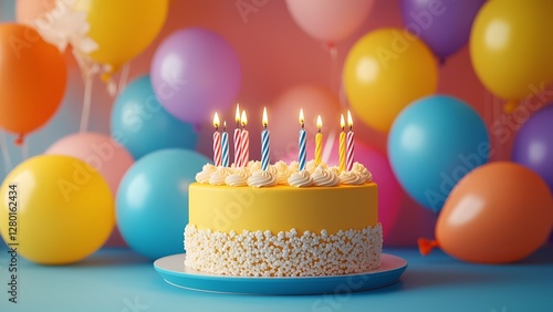 Birthday celebration cake with candles and colorful balloons festive party atmosphere vibrant colorful decoration photo