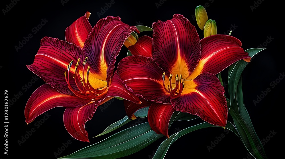 Obraz premium Crimson Daylilies in Dramatic Close-Up AI Generated